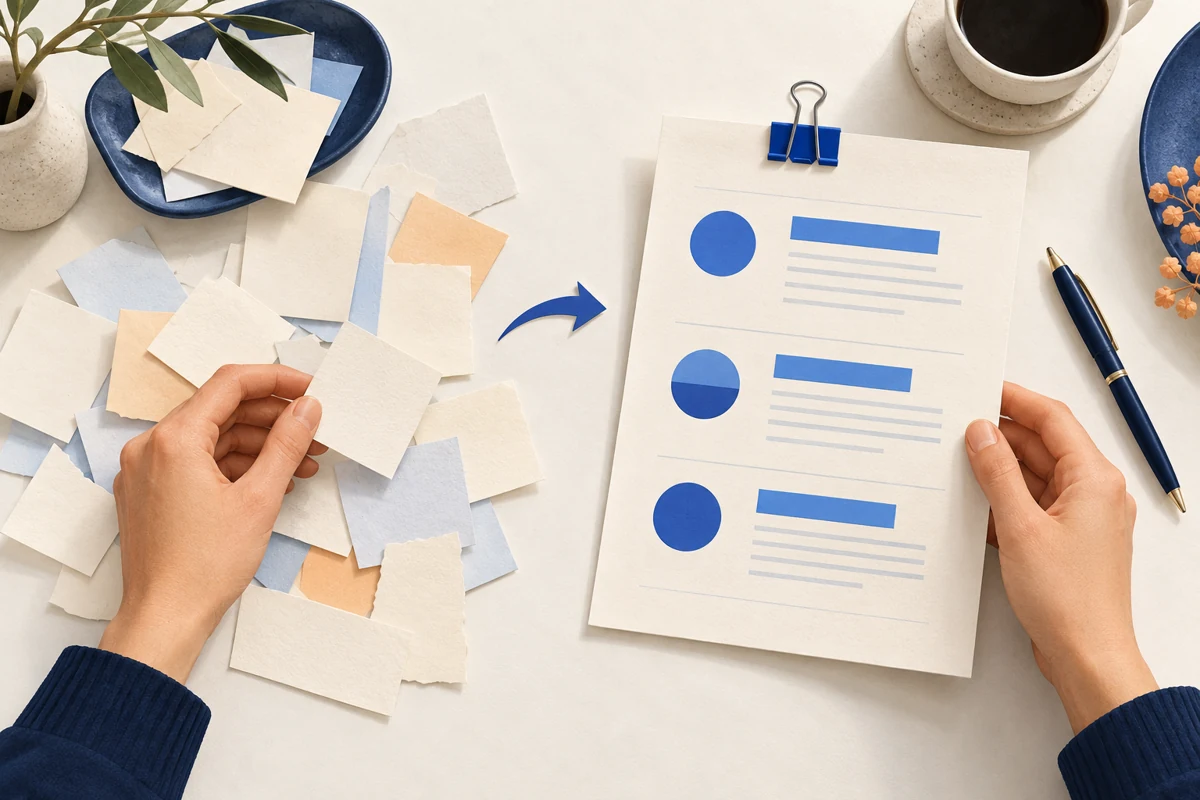 Hands sorting loose paper slips into one structured project brief.