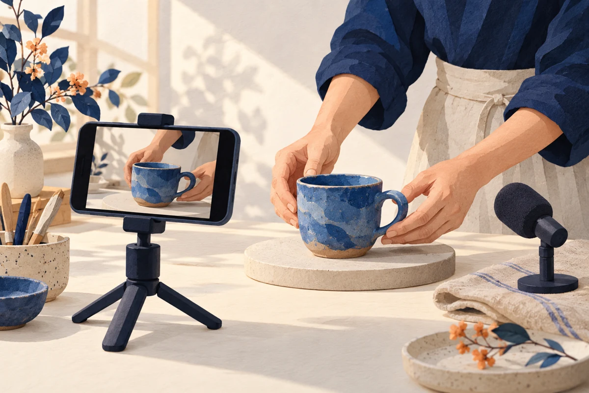 A phone on a tabletop stand recording hands arranging a ceramic cup.