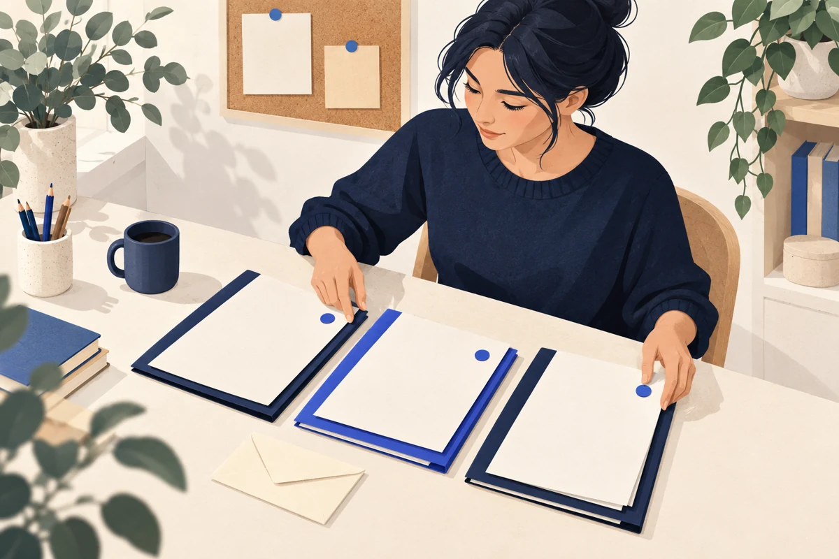 A person arranging three application folders on a desk.