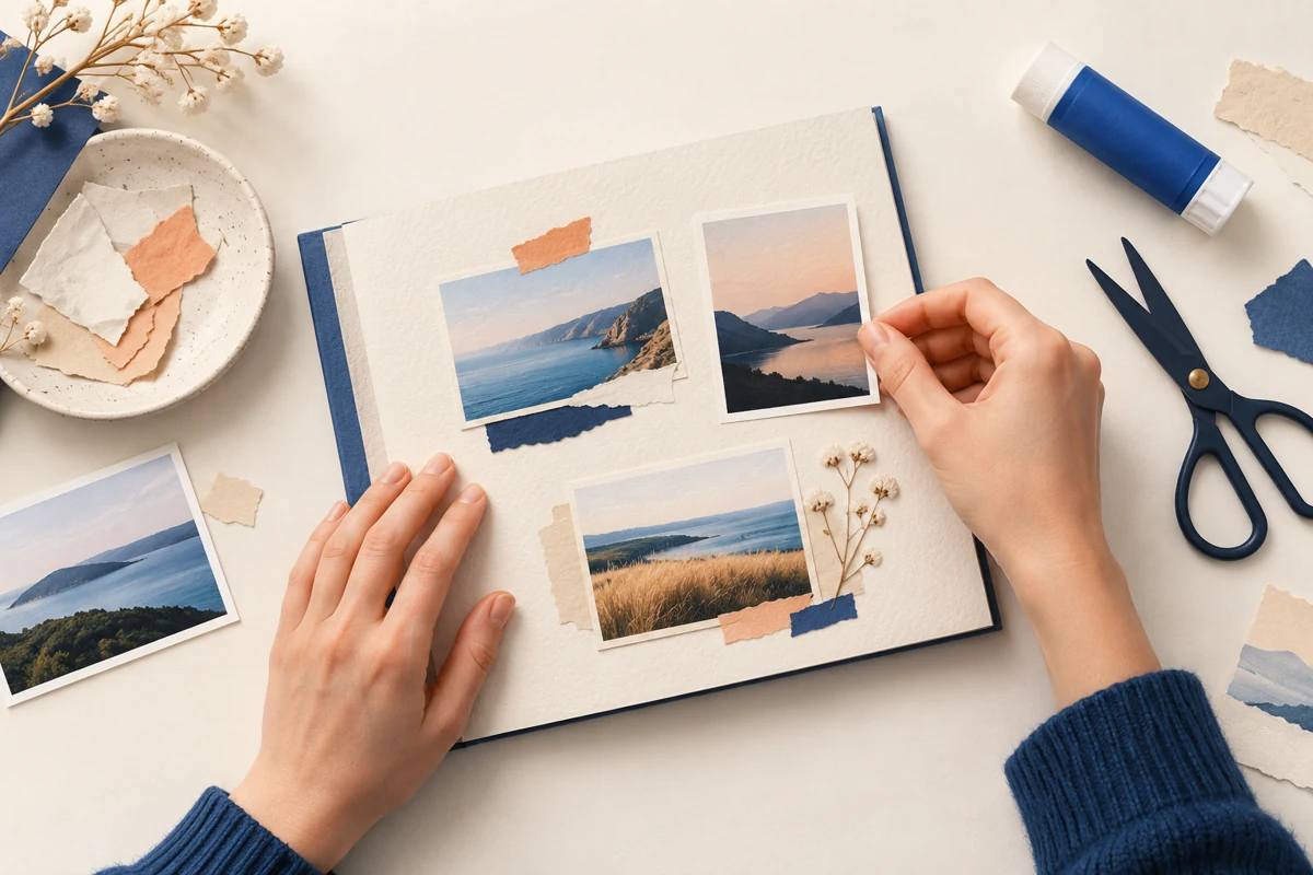 Hands arranging landscape photographs on one album page.