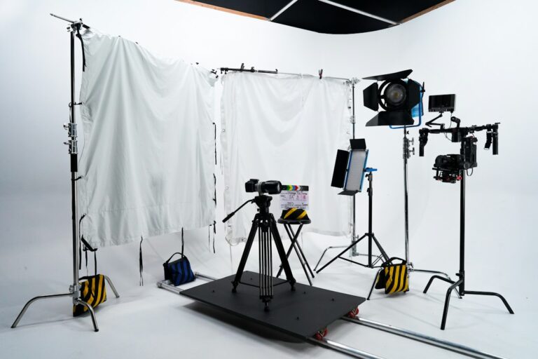 Camera, lights and equipment in a white studio