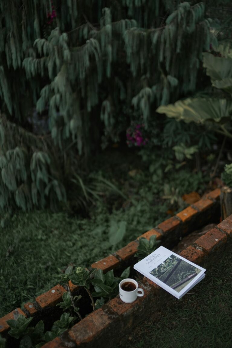 A cup and an open book beside green plants
