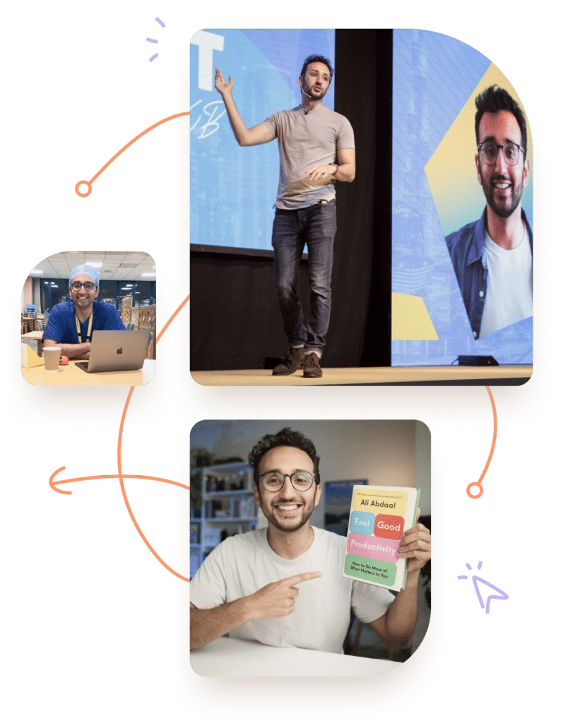 A collage of Ali Abdaal speaking and posing for portraits.